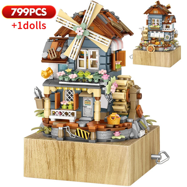 799 PCS Mini City Flower Windmill House Music Box Building Blocks Friends Figures Architecture Bricks Toys For Chlidren Gifts