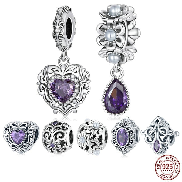 925 Sterling Silver Purple Shining Stone Collection Charms Love Drop Pendant