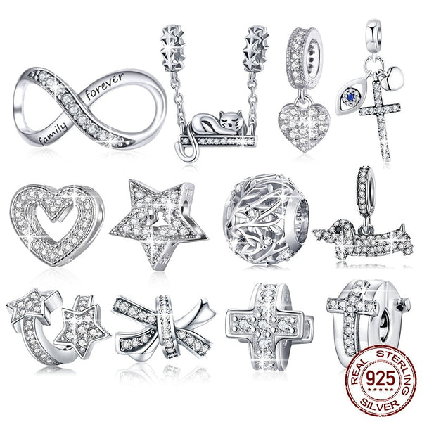 925 Sterling Silver Clear 5A Crystal Collection Family Heart Cross Charm Beads