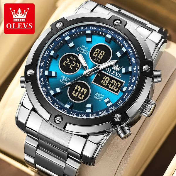 Original Casual Stainless Steel Analog Digital Watches for Men, Large Face Waterproof Chronograph Watch