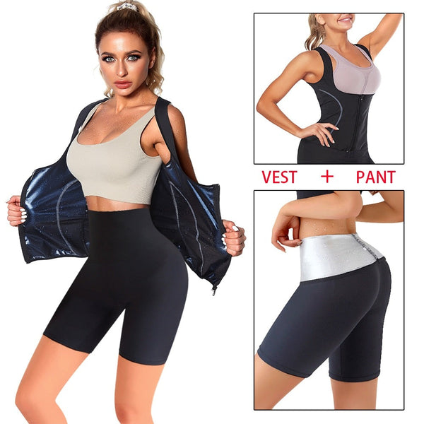 Sauna Suit for Women Sweat Set Weight Loss Pants Slimming Vest Workout Tank Top Shorts Body Shaper Fat Burner Gym Fitness