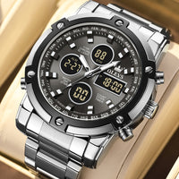 Original Casual Stainless Steel Analog Digital Watches for Men, Large Face Waterproof Chronograph Watch